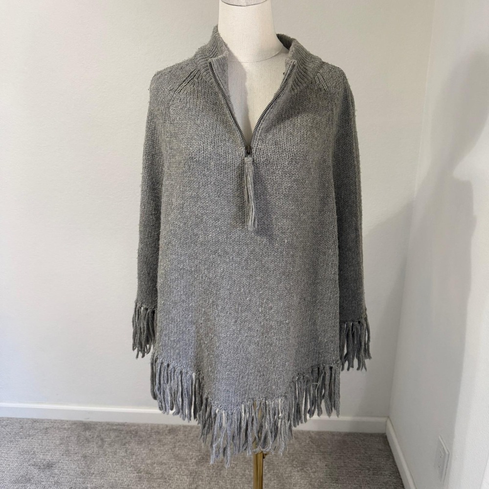Vintage Westbound Gray Quarter Zip Fringe Poncho XL Wool Blend Tassel Mock‎ Neck
